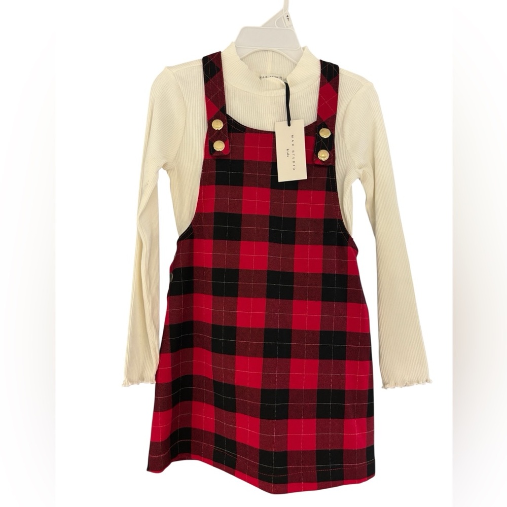 Stylish Red Plaid Pinafore Set with Cream Top